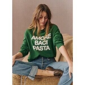 Sezane Amore Baci Pasta Sweatshirt Green Graphic Crewneck Size L French Chic